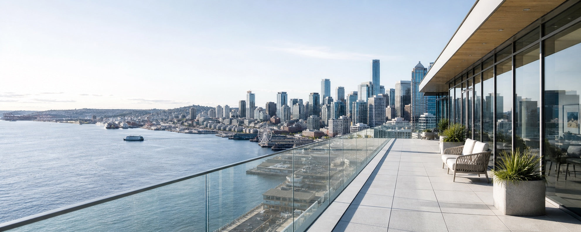 Modern Seattle waterfront terrace and skyline